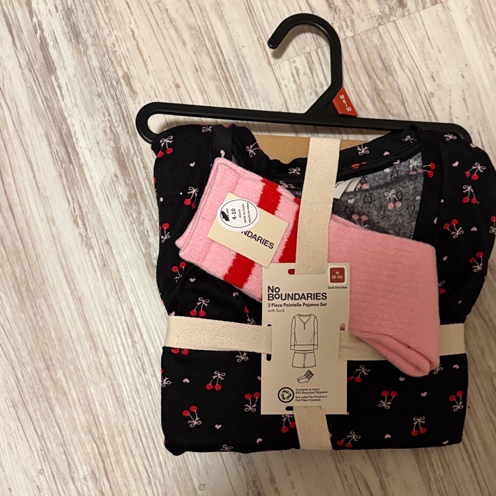No Boundaries Cherry Print Pajama Set with Pink Socks